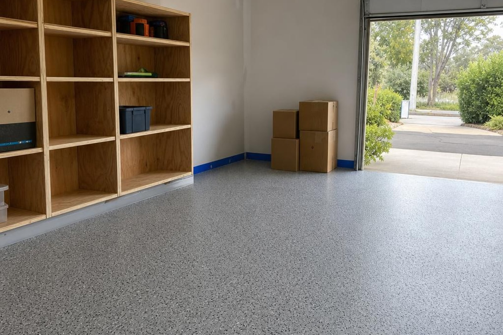 Suburban garage renovation with new storage cabinets and a grey flake epoxy floor
