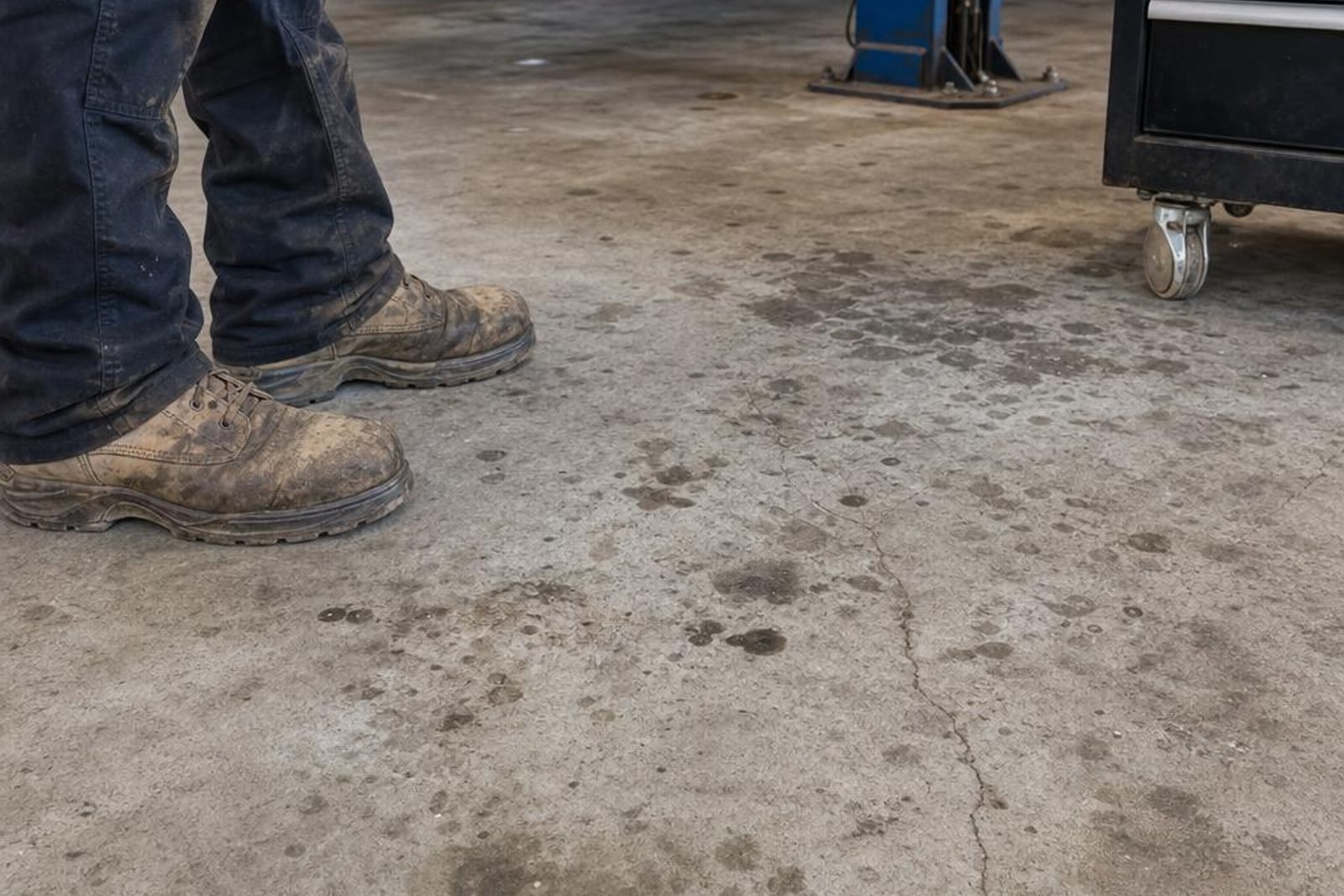 Work boots beside worn stained workshop concrete before floor preparation