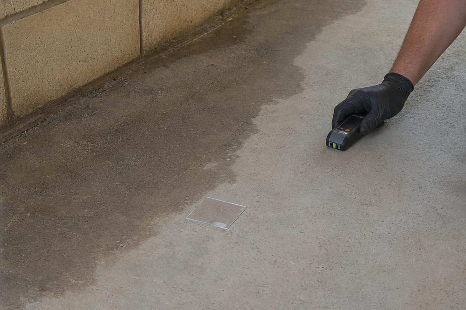 Gloved hand inspecting a damp uncoated concrete slab near a garage wall