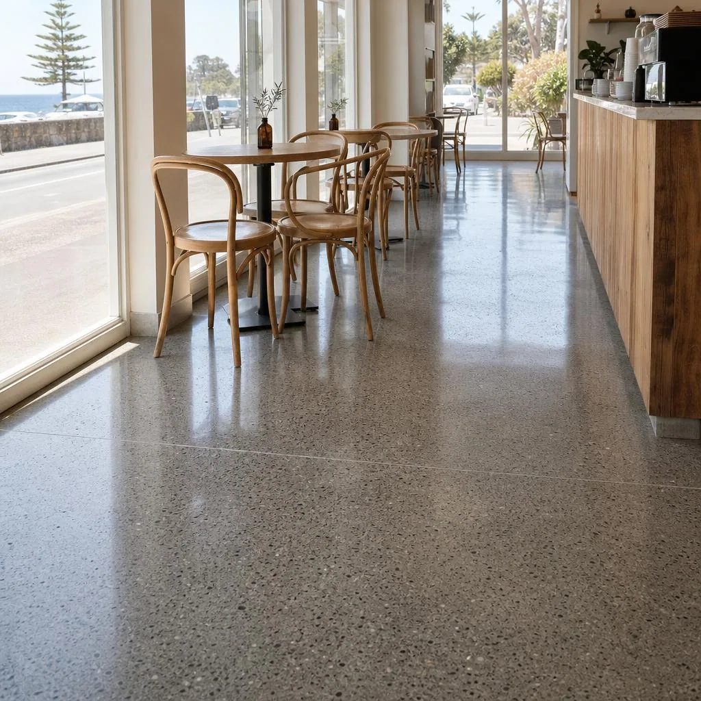 Illustrative semi-gloss salt-and-pepper polished concrete cafe floor