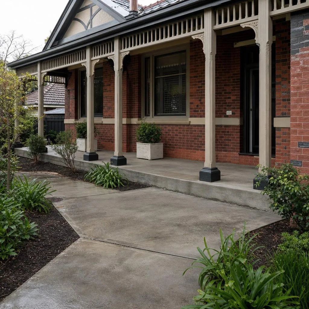 Illustrative restored natural concrete walkway beside a heritage-style brick house