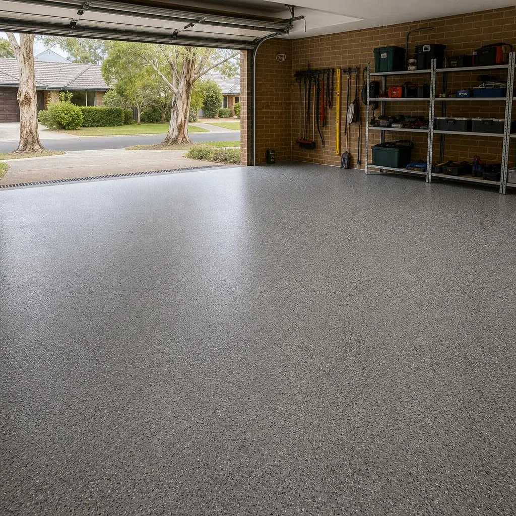 Illustrative grey flake epoxy floor inside a suburban garage