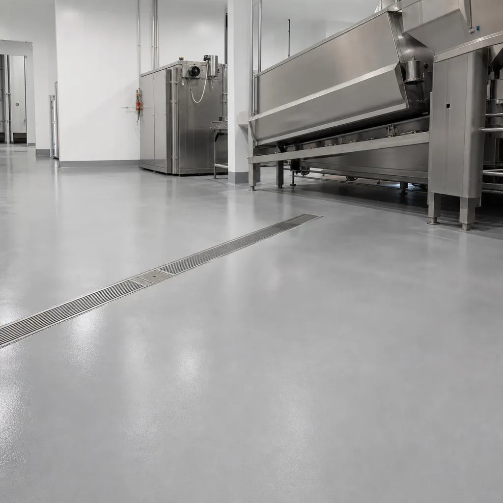 Illustrative seamless light grey factory epoxy floor with coved skirting