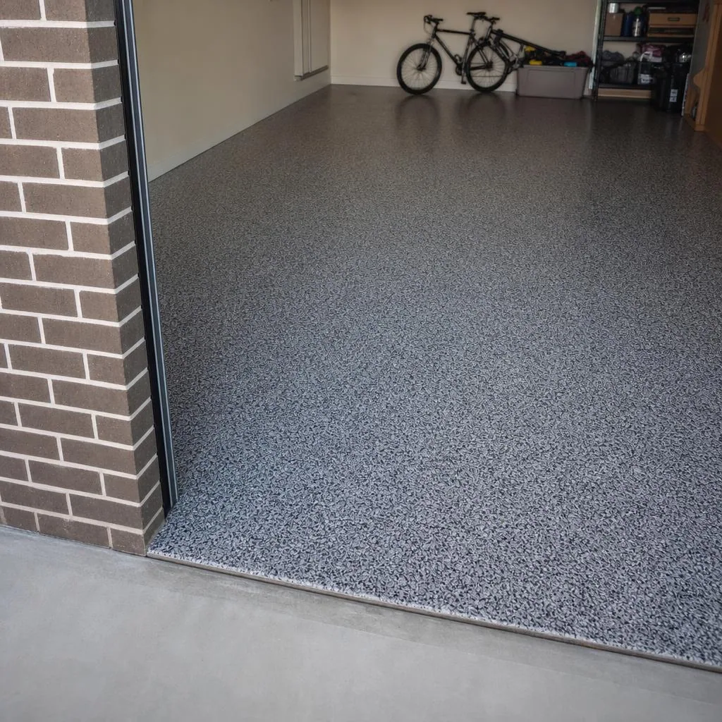 Illustrative four-colour flake epoxy garage floor with satin topcoat