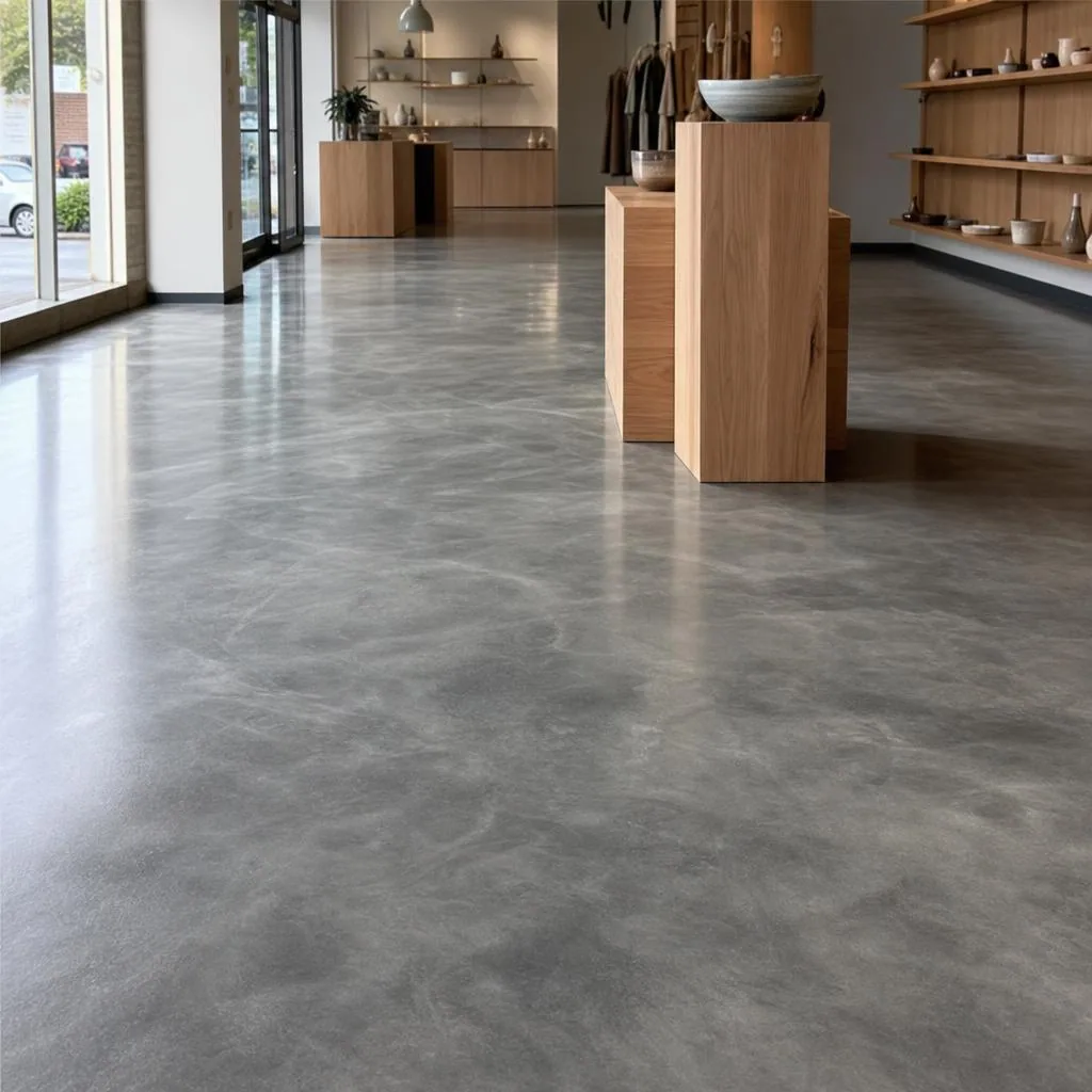 Illustrative silver and charcoal metallic epoxy floor in a showroom