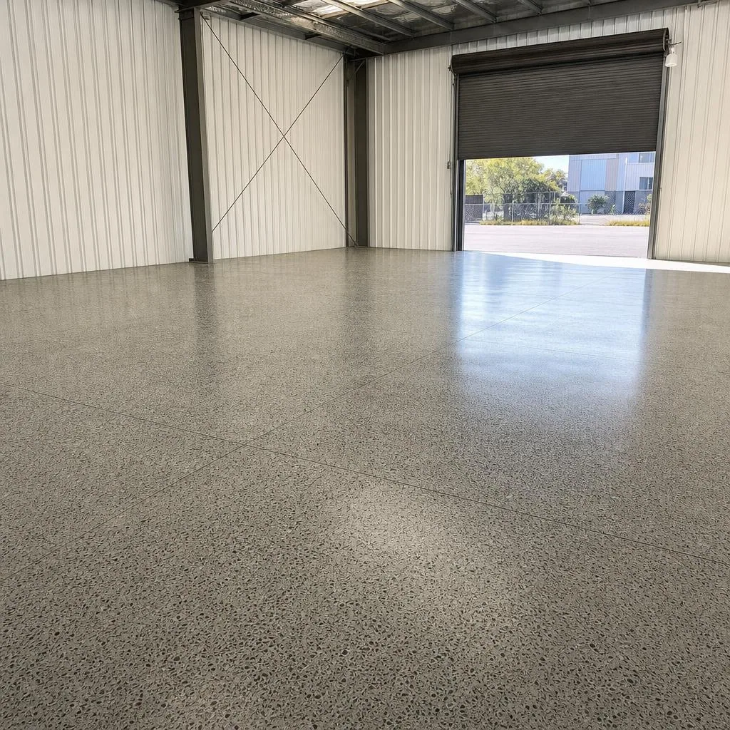 Illustrative polished concrete warehouse floor with exposed fine aggregate
