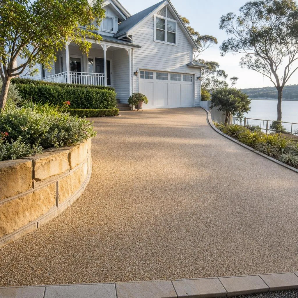 Illustrative warm natural stone resin bound driveway with clean edging