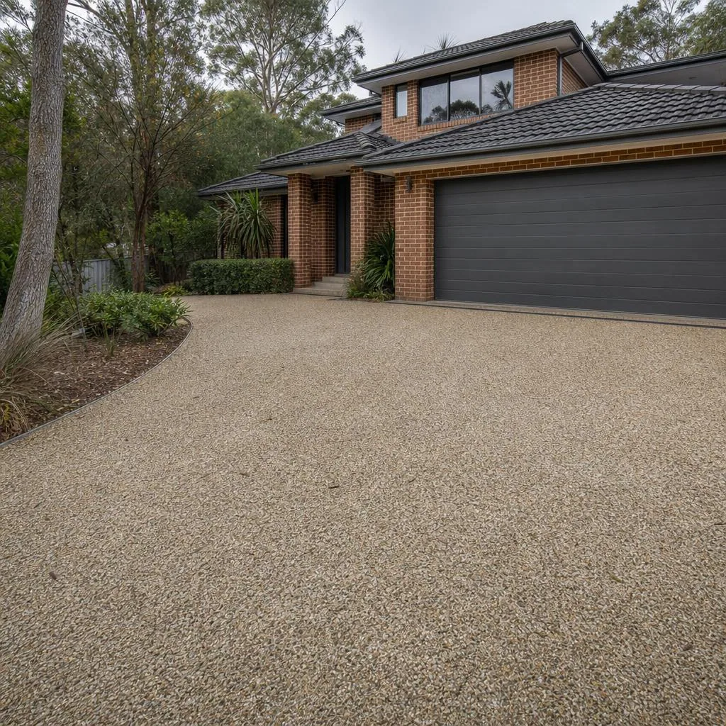 Illustrative sandstone resin bound driveway outside a suburban home