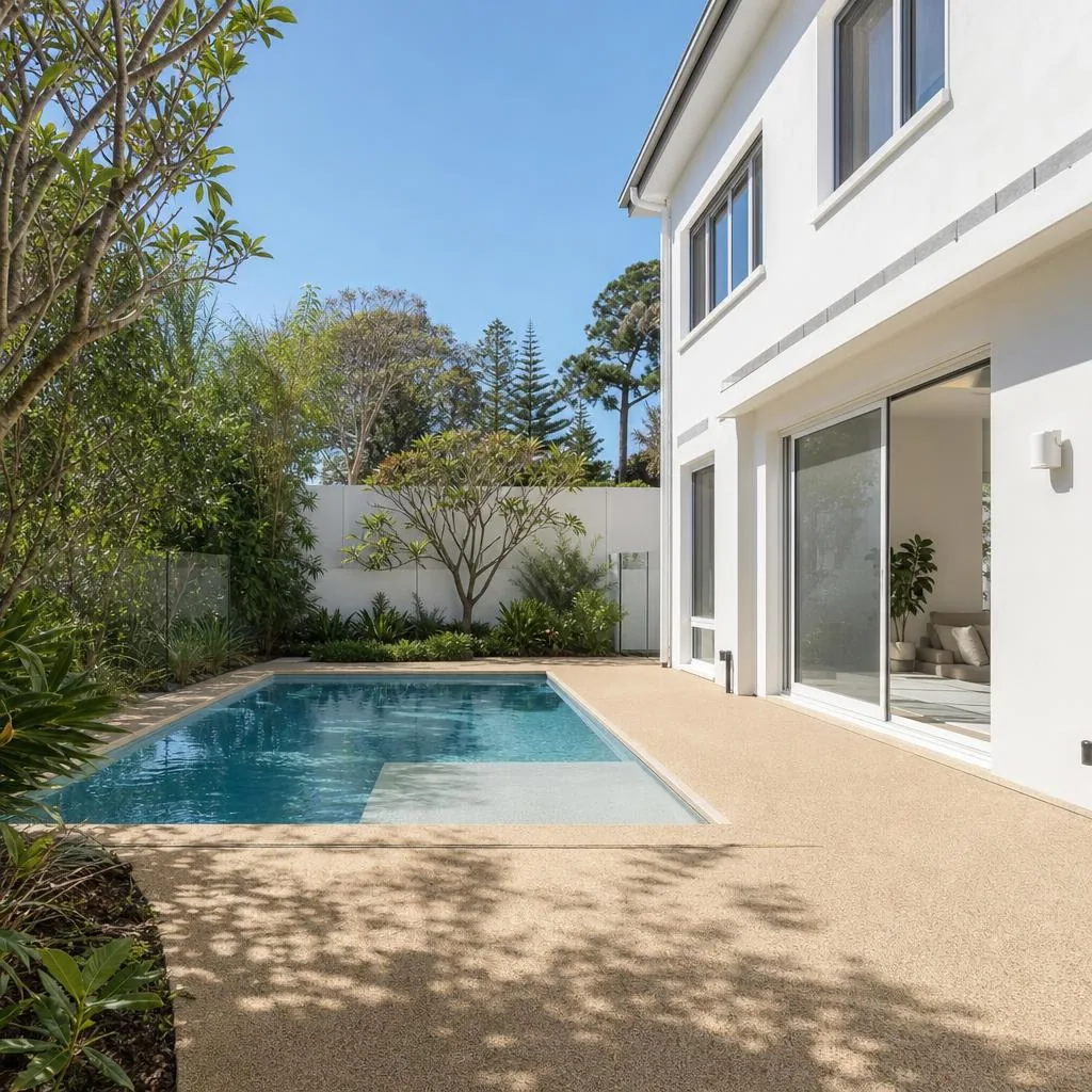 Illustrative coastal buff resin bound pool surround with granular surface