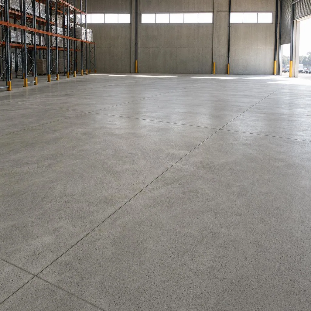Illustrative matte ground concrete warehouse slab prepared for coating