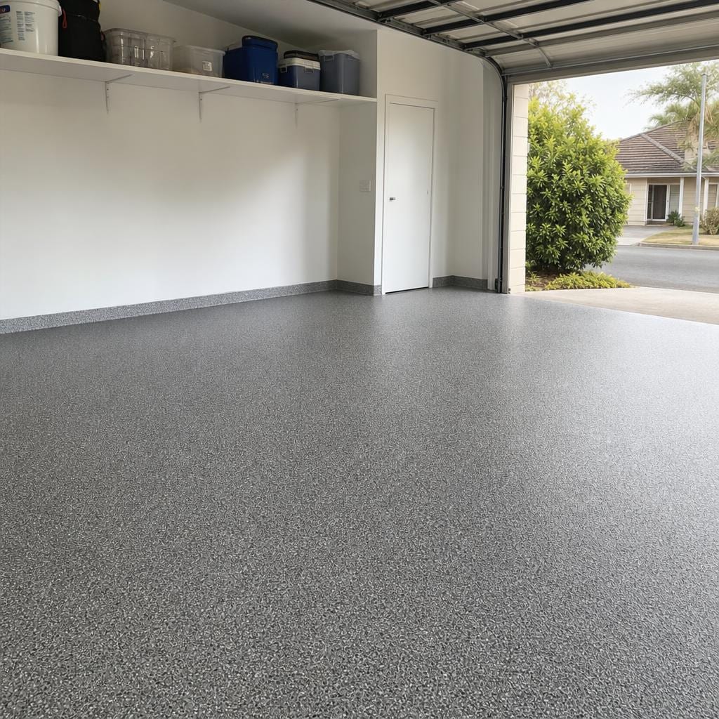 Grey flake epoxy finish in a suburban garage